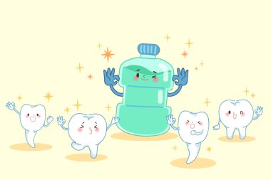 sevimli çizgi diş sarı zemin üzerine diş macunu ile