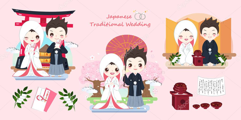 cute cartoon japanese wedding couple on the pink background