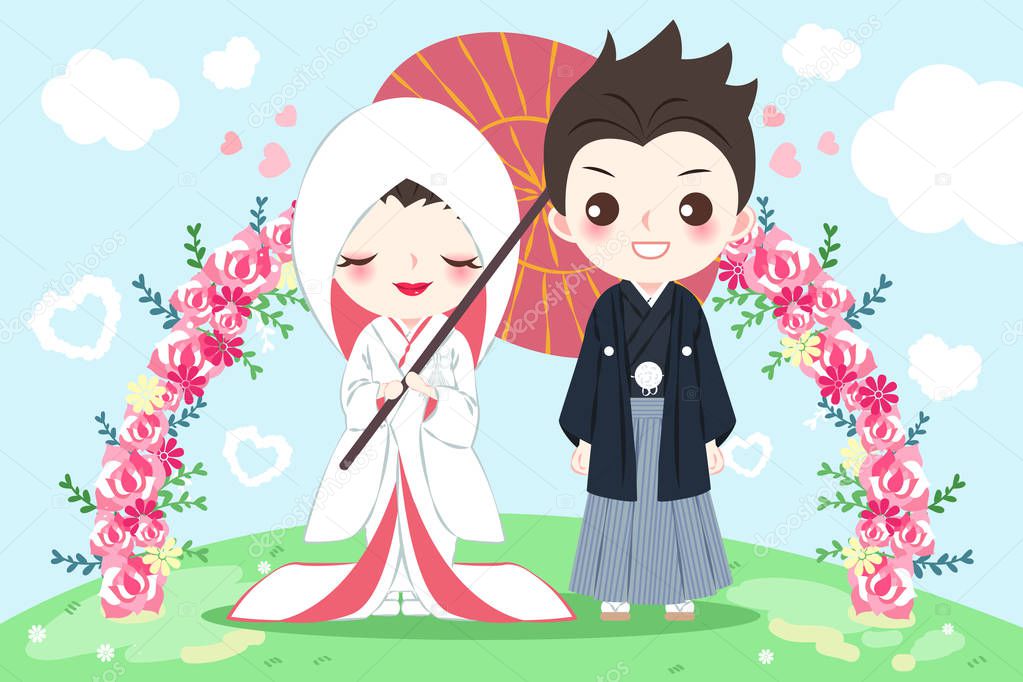 cute cartoon japanese wedding couple on the blue background