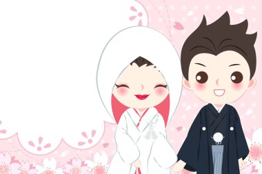 sevimli çizgi Japon evlilik çift pembe arka plan üzerinde