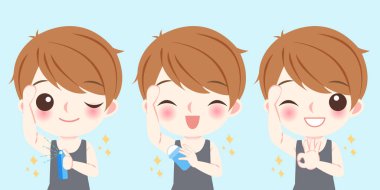 sevimli çizgi işadamı vücut kokusu sorun üzerinde mavi arka plan ile