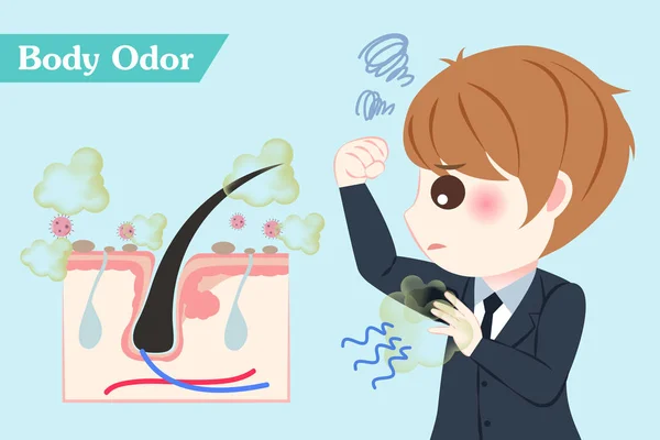 Bonito Cartoon Empresário Com Corpo Odor Problema Fundo Azul — Vetor de Stock