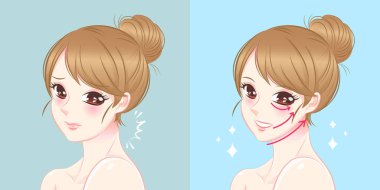 Güzellik çizgi film kadın ile mavi arka plan üzerinde satırları kaldırma