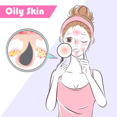 woman with oily skin on the blue background clipart