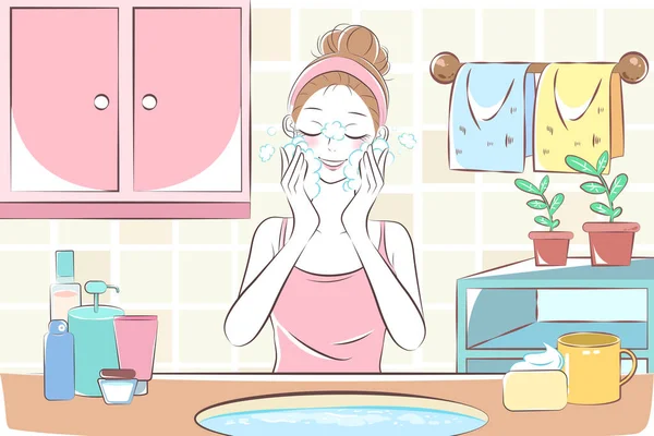 漫画の浴室で女性洗顔 — ストックベクタ