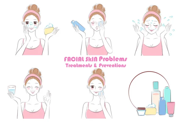 Mujer Con Problemas Piel Facial Fondo Blanco — Archivo Imágenes Vectoriales