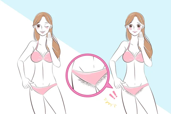 Wanita Kartun Lucu Dengan Masalah Bikini Line Sebelum Dan Sesudah - Stok Vektor