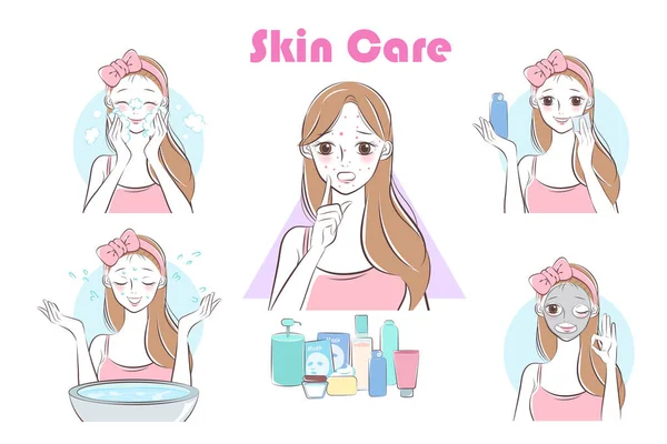 Schönheit Cartoon Hautpflege Frau Auf Dem Weißen Hintergrund — Stockvektor