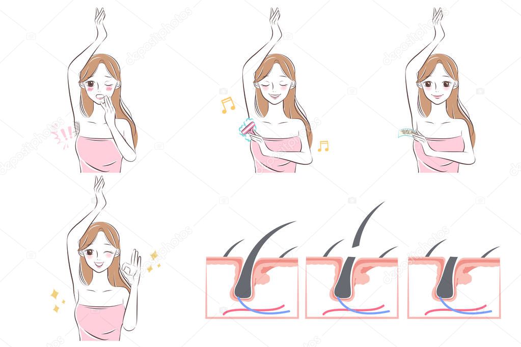 cute cartoon woman with bikini line problem before and after