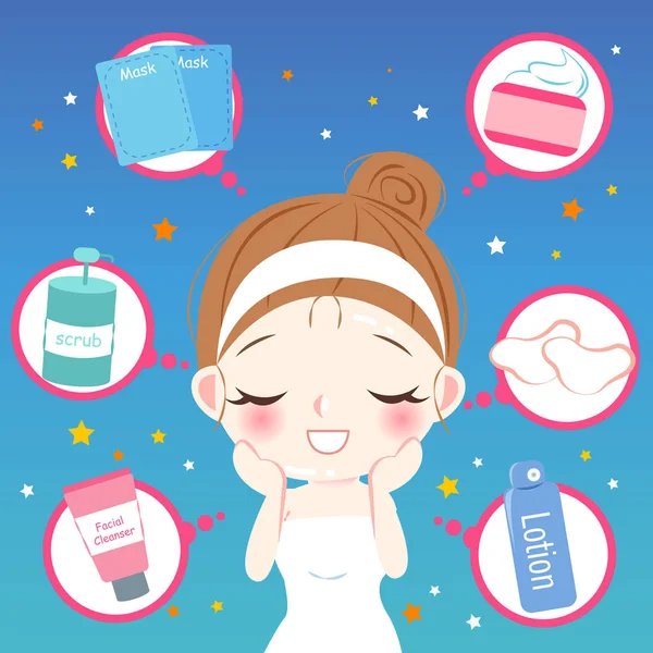 Schattige Cartoon Huid Zorg Vrouw Met Beauty Concept — Stockvector