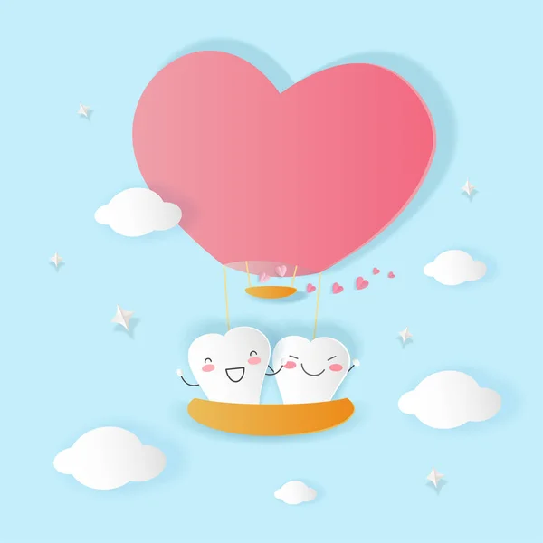 Dents Dessin Animé Mignon Avec Ballon Air Chaud Coeur — Image vectorielle