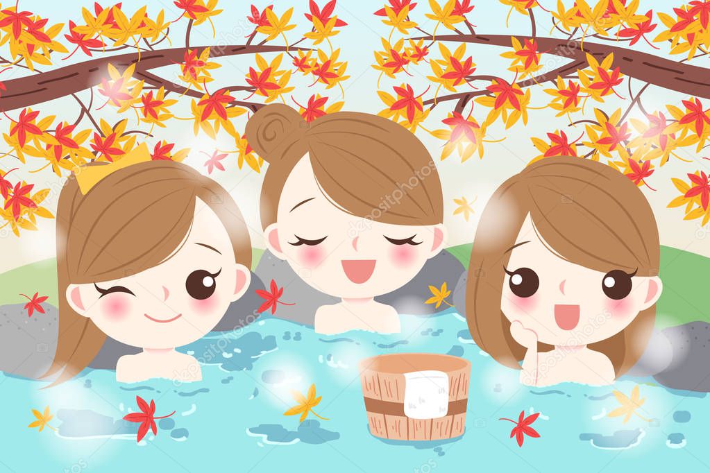cartoon girls smile happily with hot spring