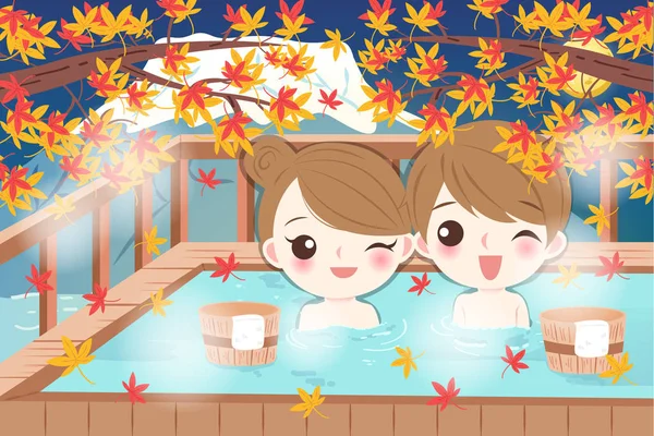 Dibujos Animados Pareja Sonrisa Disfrutar Con Aguas Termales — Vector de stock