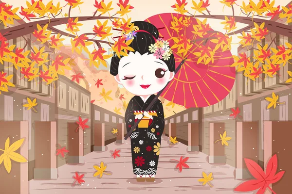 可爱的卡通艺妓穿着和服与枫木 — 图库矢量图片
