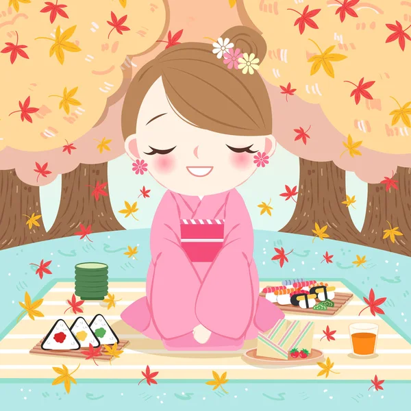 Wanita Kartun Memakai Kimono Saat Piknik Dengan Maple - Stok Vektor