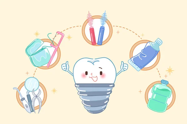 Schattige Cartoon Tand Implantaat Gele Achtergrond — Stockvector