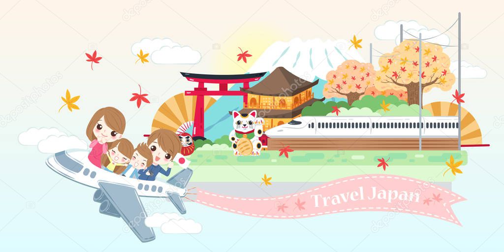 cute cartoon family travel happily in the japan