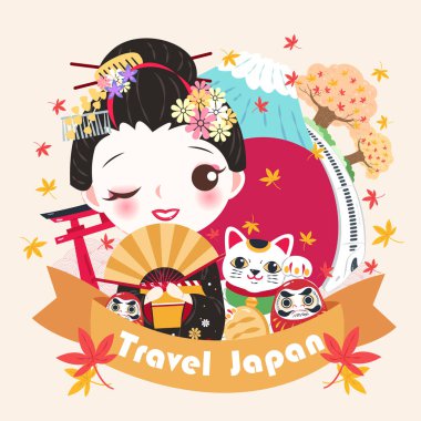 sevimli çizgi geyşa pembe bir arka plan üzerinde seyahat Japonya ile