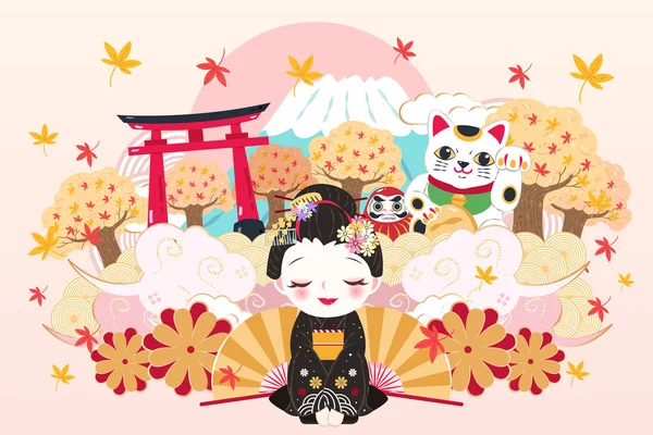 Kartun Geisha Lucu Dengan Perjalanan Jepang Latar Belakang Merah Muda - Stok Vektor