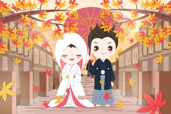 秋にカエデの葉でかわいい漫画日本の結婚式のカップル — ストックベクタ