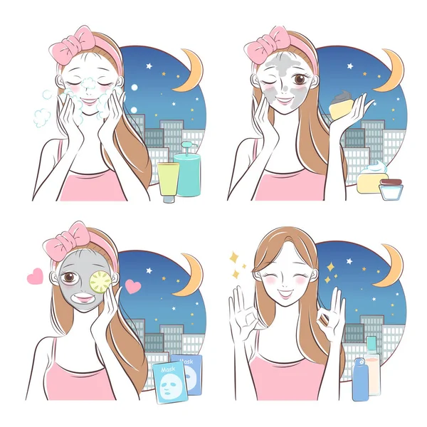 Schönheit Cartoon Hautpflege Frau Mit Maske Der Nacht — Stockvektor