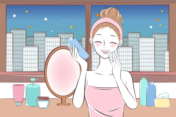 Bonito Cartoon Pele Cuidar Mulher Com Conceito Beleza —  Vetores de Stock