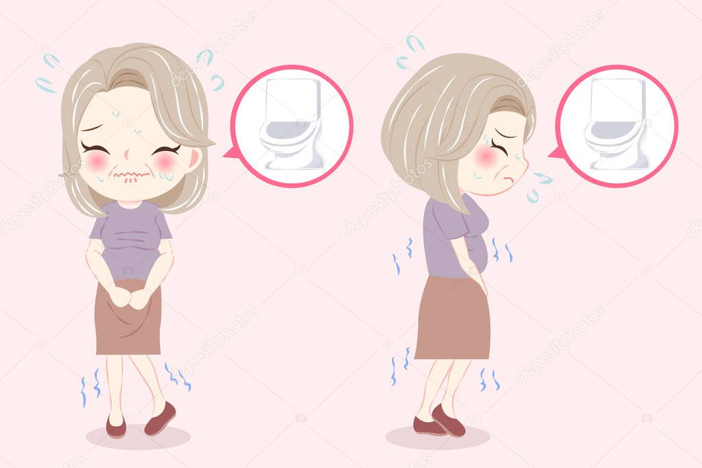 woman with menopause and frequent urine problem on the pink background