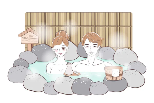 Linda Pareja Dibujos Animados Sonrisa Felizmente Con Aguas Termales — Vector de stock