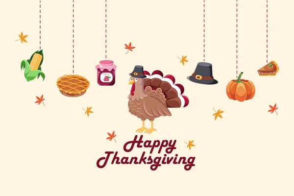 Cute Cartoon Turkey Happy Thanksgiving Text — Stock Vector