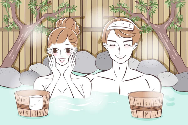 かわいい漫画のカップルが温泉で嬉しそうに笑う — ストックベクタ