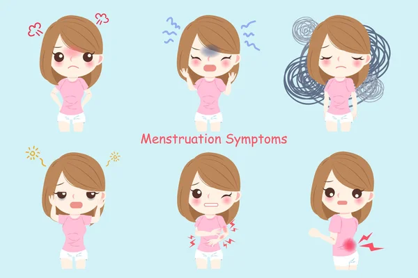 Мультяшна Жінка Усіма Видами Симптомів Менструації — стоковий вектор
