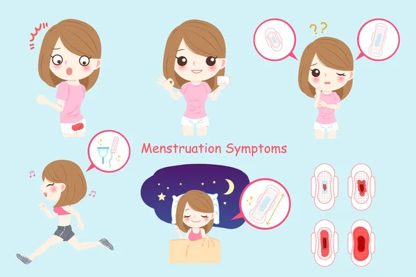 Mujer Dibujos Animados Con Todo Tipo Síntomas Menstruación — Archivo Imágenes Vectoriales