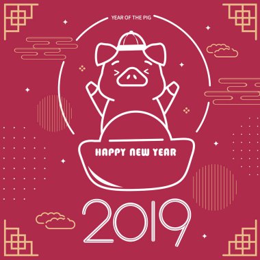sevimli çizgi domuz 2019 yıldan uzun kırmızı zemin üzerine