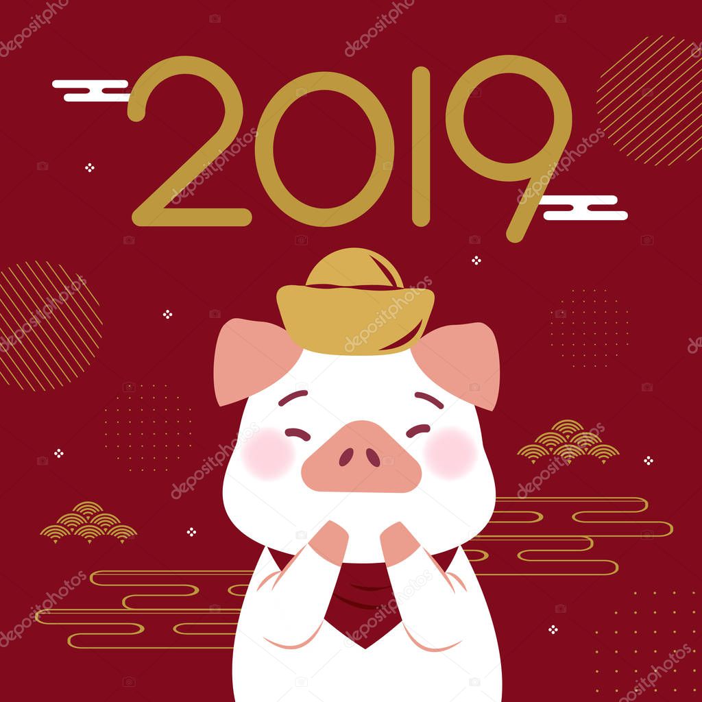 cute cartoon pig with 2019 year and gold ingot on the red background