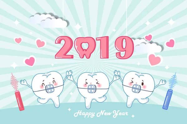 Diente Corsé Dibujos Animados Con 2019 Fondo Azul — Vector de stock