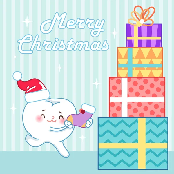 Diente Dibujos Animados Navidad Fondo Azul — Vector de stock