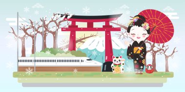 sevimli çizgi geyşa Japonya ile öğeleri kışın seyahat.