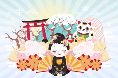 sevimli çizgi geyşa Japonya ile öğeleri kışın seyahat.