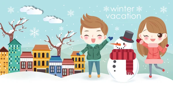 Niños Dibujos Animados Viajan Con Muñeco Nieve Vacaciones Invierno — Vector de stock