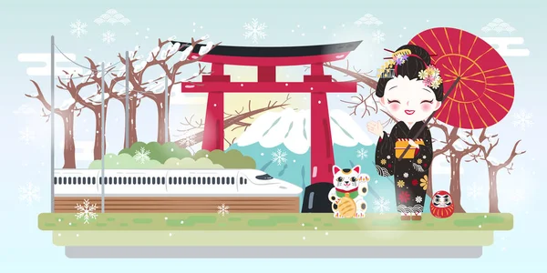 Geisha Dibujos Animados Lindo Con Elementos Viaje Japón Invierno — Vector de stock