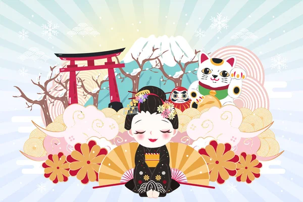 Niedliche Cartoon Geisha Mit Japanischen Reiseelementen Winter — Stockvektor
