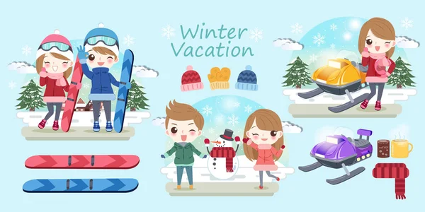 Cartoon Couple Kids Sporting Snowmobiling Winter — Stock Vector