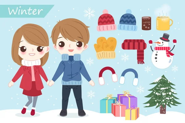 Schattige Cartoon Paar Gaan Reizen Winter — Stockvector