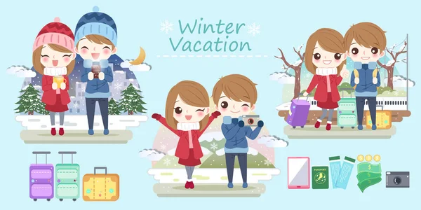 Couple Dessin Animé Aller Voyage Vacances Hiver — Image vectorielle