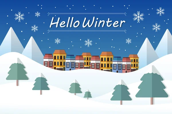 Концепция Hello Winter Горный Ландшафт Плоском Дизайне — стоковый вектор