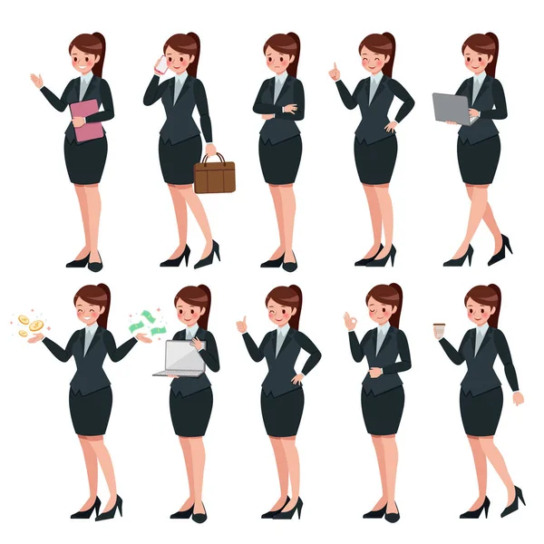 Dibujos Animados Las Mujeres Negocios Tienen Diferentes Acciones Longitud Completa — Vector de stock