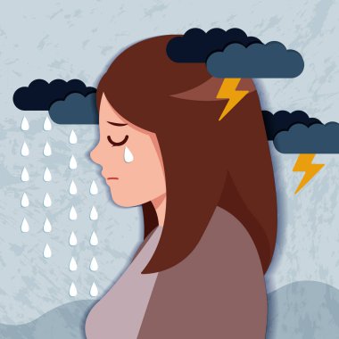 düşen yağmur ve gök gürültüsü ile üzgün ve depresyonda kadın