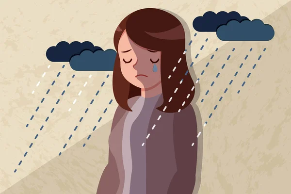 Upset Depressed Woman Falling Rain — Stock Vector