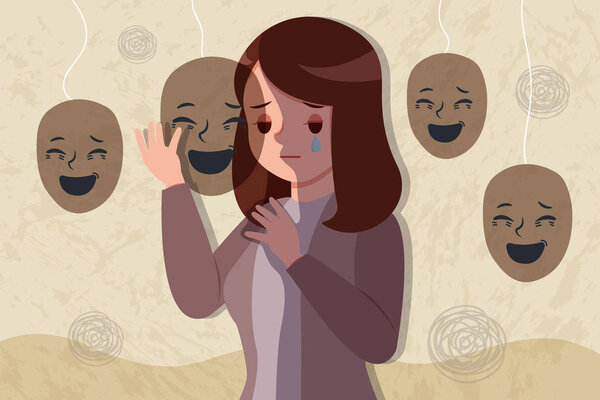 расстроенная и подавленная женщина носить счастливую маску
