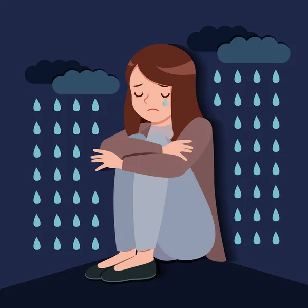 Засмучена Пригнічена Жінка Падаючим Дощем — стоковий вектор